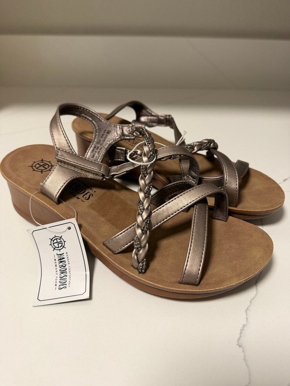 Harborsides Pewter Metallic Braided Rhinestone Comfort Sandals Size 8 NWT